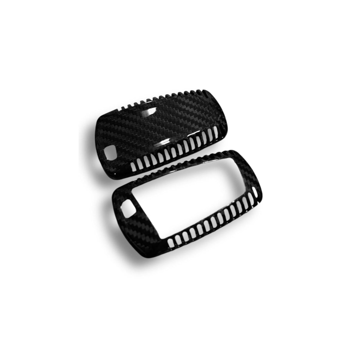 BMW X5, X6, X1 carbon fiber key cover by Palenon Performance, showcasing sleek black textured finish on a car key.