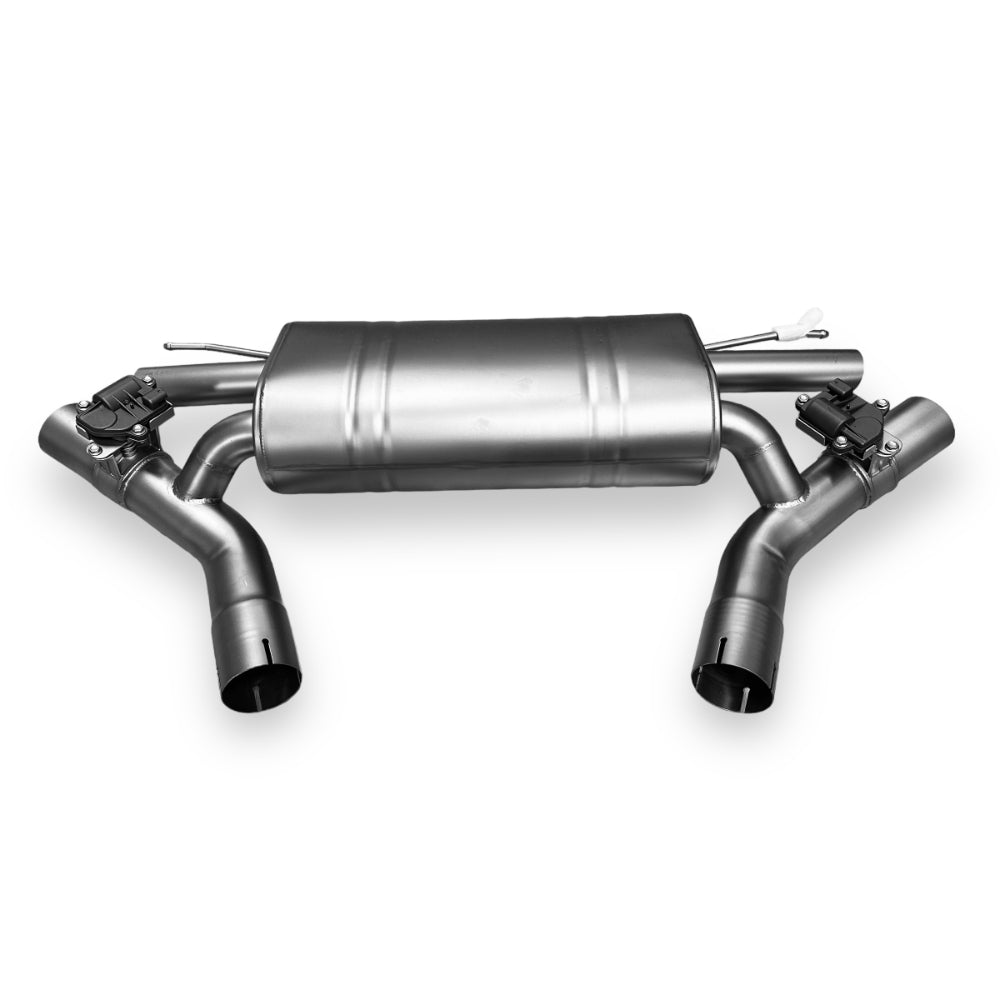 Palenon Performance B58 BMW G22 M440i and G20 M340i catback exhaust with polished metal finish and sleek design.