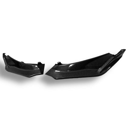 Carbon fiber front lip for BMW G80 M3, G82 M4, G83 M4, designed by Palenon Performance, shown on a black BMW car.