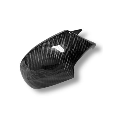BMW E92/E93 carbon fiber mirror caps featuring M style design by Palenon Performance, close-up view of glossy black CF covers.