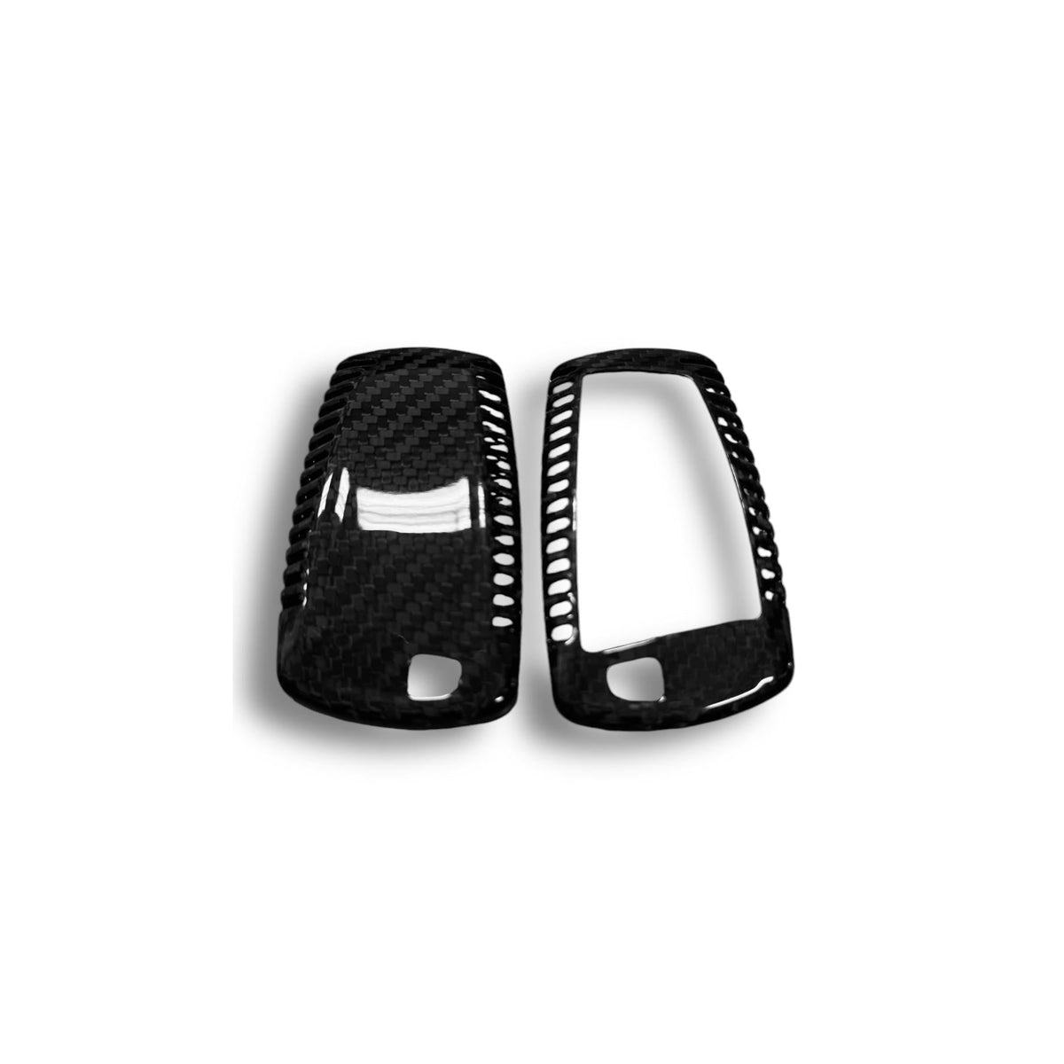 BMW X5 X6 X1 carbon fiber key cover by Palenon Performance, shown on a key with textured carbon fiber finish.