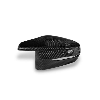 Black carbon fiber mirror caps for BMW G80 M3 and G82/G83 M4, OEM style, designed by Palenon Performance.