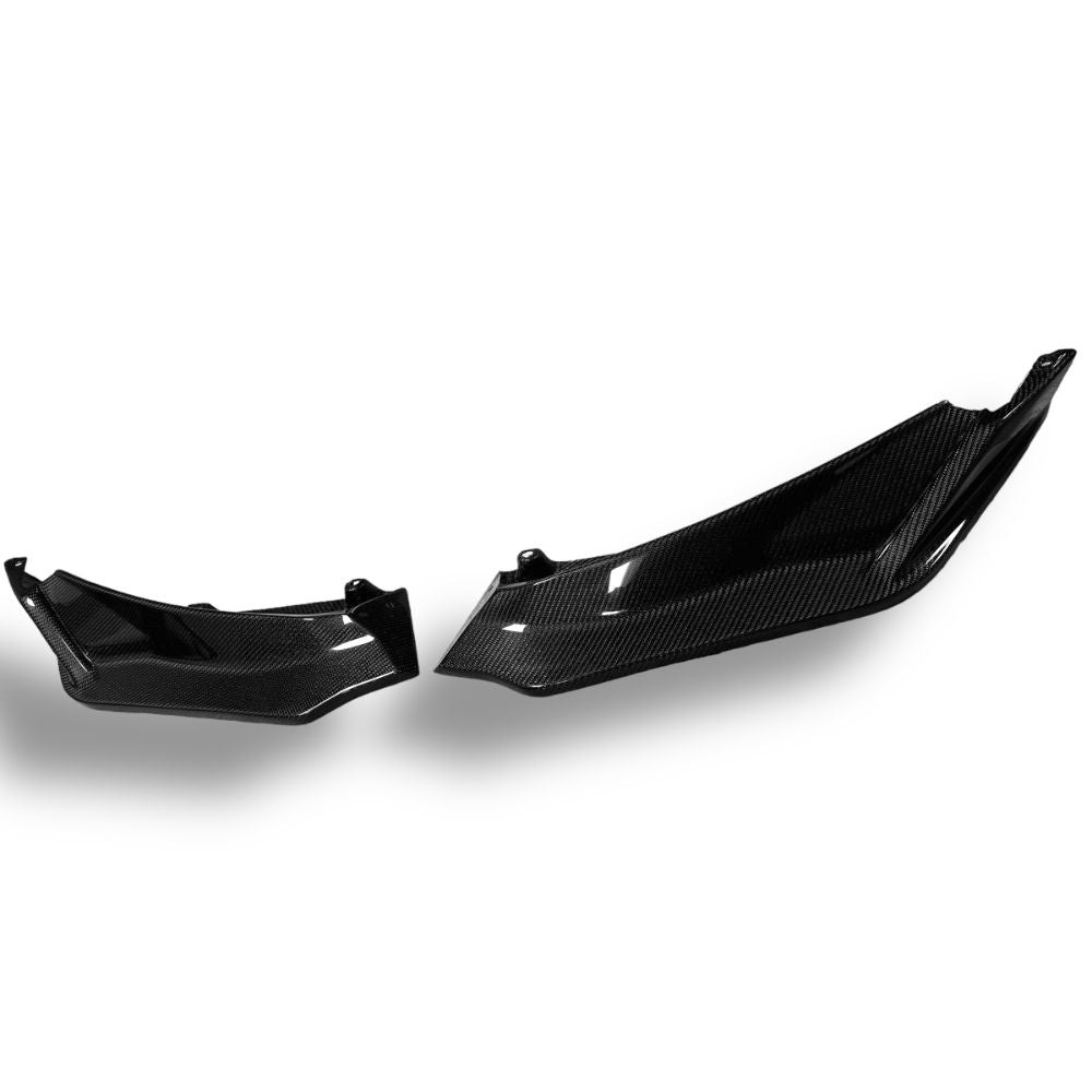 Carbon fiber V Style front lip for BMW G80 M3, G82 M4, G83 M4, by Palenon Performance, shown on a vehicle.