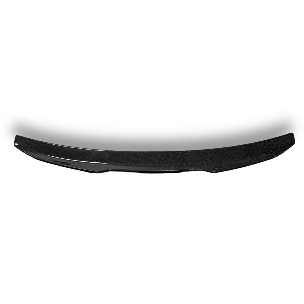 HoneyComb carbon fiber BMW G30 and F90 M5 PSM trunk spoiler by Palenon Performance, showcasing its aerodynamic design on a BMW.