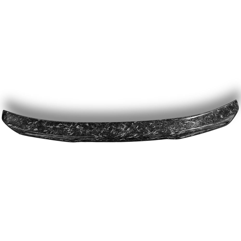 Forged carbon BMW F82 M4 trunk spoiler by Palenon Performance, showcasing sleek, aerodynamic design on a black car.