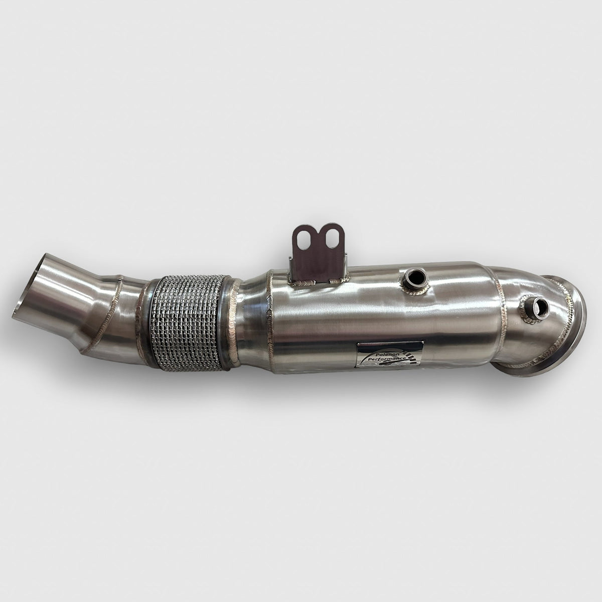 Palenon Performance 5 inch B58 downpipe for BMW Supra and X series, showcasing polished stainless steel construction and flange details.