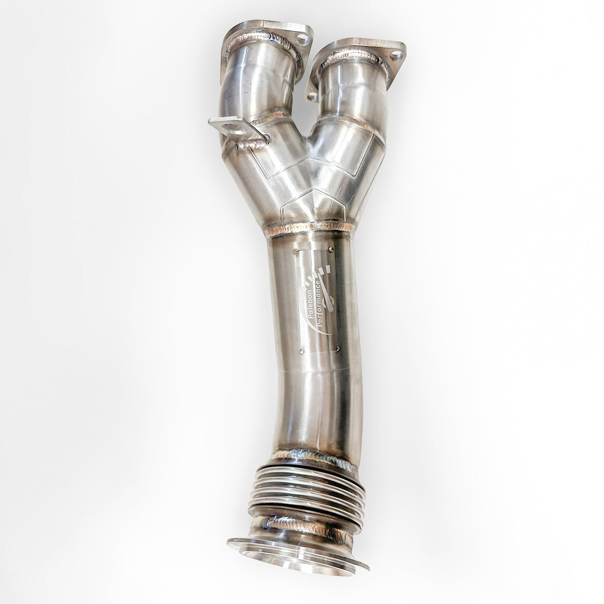 BMW N55 catless downpipe for E82 135i, E9X 335i, and E84 X1 by Palenon Performance, showing the polished stainless steel pipe.