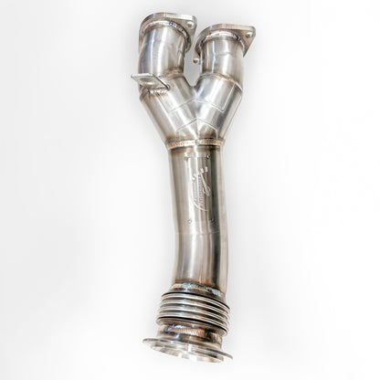 BMW N55 catless downpipe for E82 135i, E9X 335i, and E84 X1 by Palenon Performance, showing the polished stainless steel pipe.