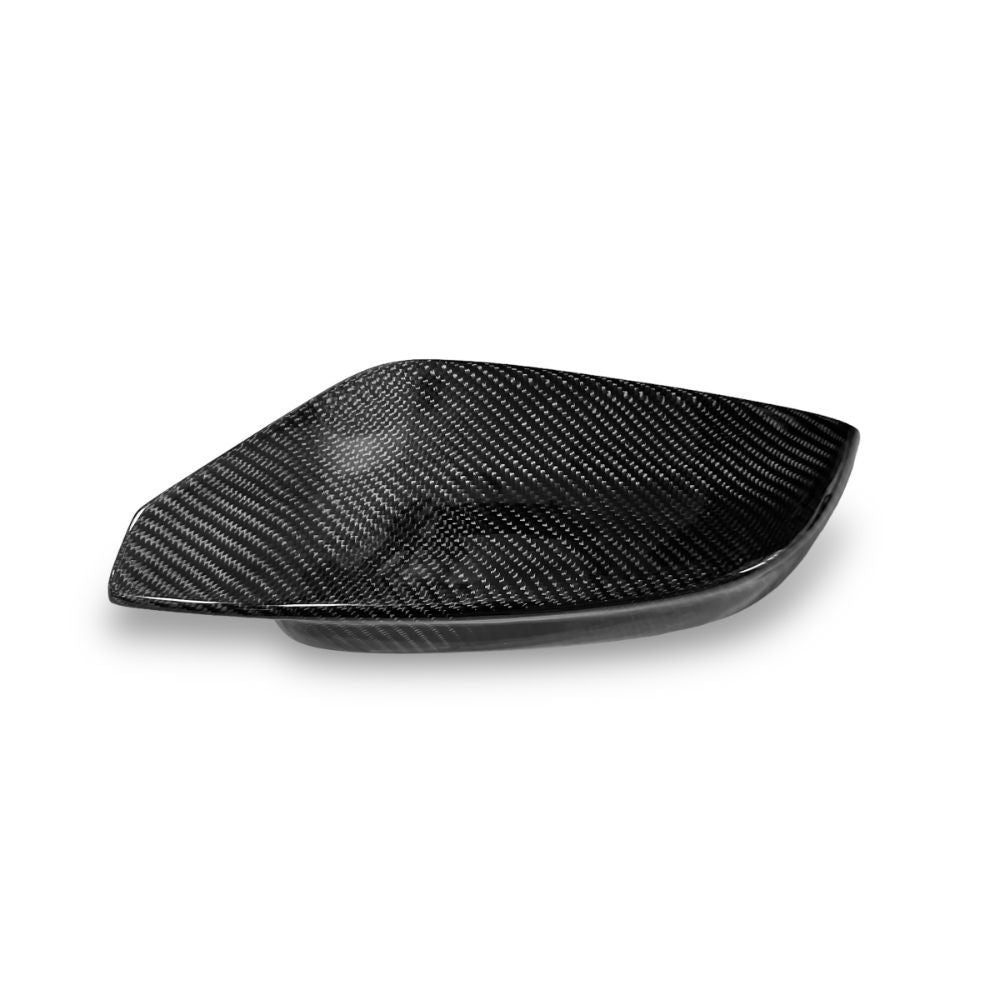 Carbon fiber mirror caps for BMW G80 M3 and G82/G83 M4, OEM style, by Palenon Performance, shown on vehicle with close-up view