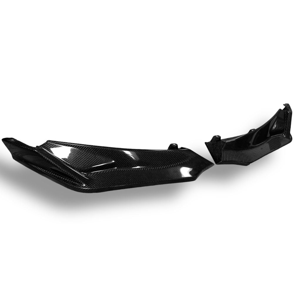 Carbon fiber V Style front lip for BMW G80 M3, G82 M4, G83 M4 by Palenon Performance, shown on a sleek vehicle.