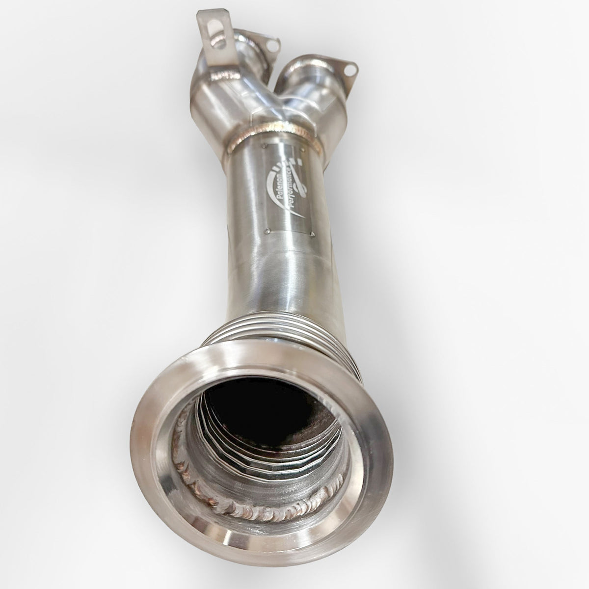 Palenon Performance BMW N55 catless downpipe for E82 135i, E9X 335i, and E84 X1, showing the shiny metal pipe with flanges.