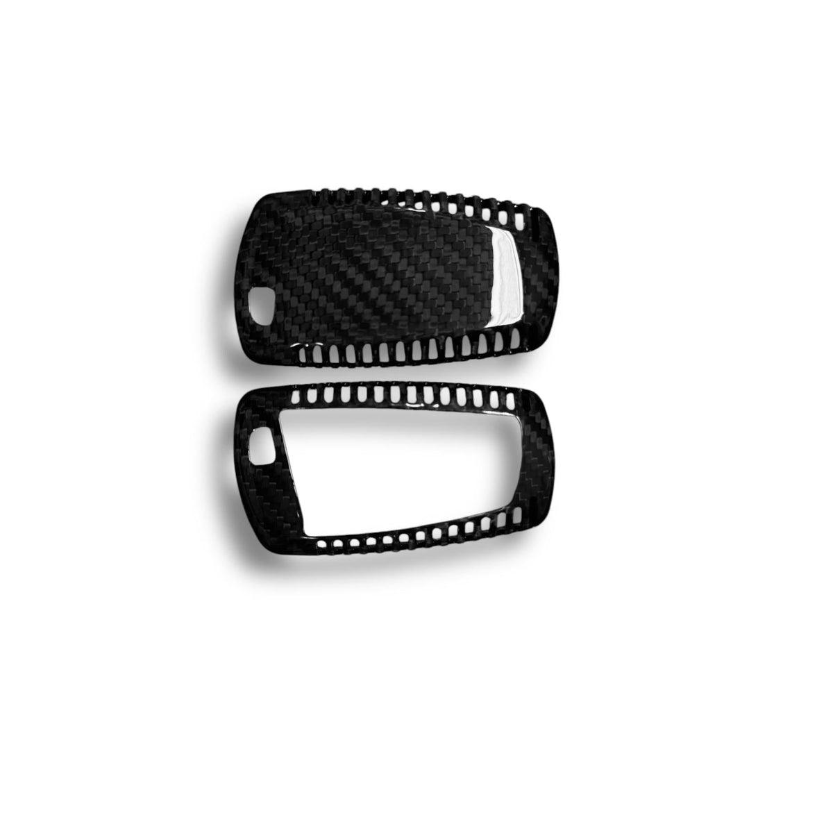 BMW X5 X6 X1 carbon fiber key cover by Palenon Performance, showing sleek, textured black carbon fiber material on a car key.