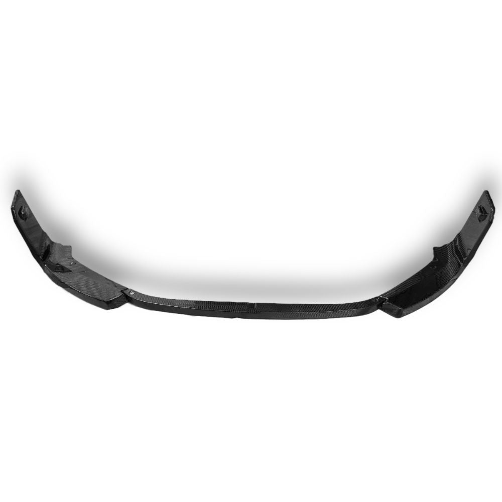Black carbon fiber M Style front lip for BMW M2 G87 by Palenon Performance, showing its sleek, aerodynamic design.