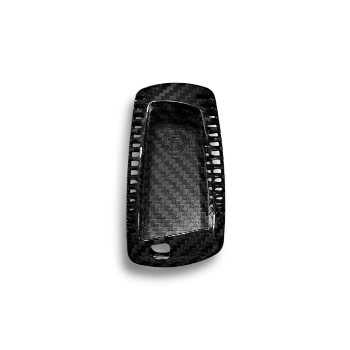 BMW X5, X6, X1 carbon fiber key cover by Palenon Performance, showcasing sleek black design on a BMW key fob.