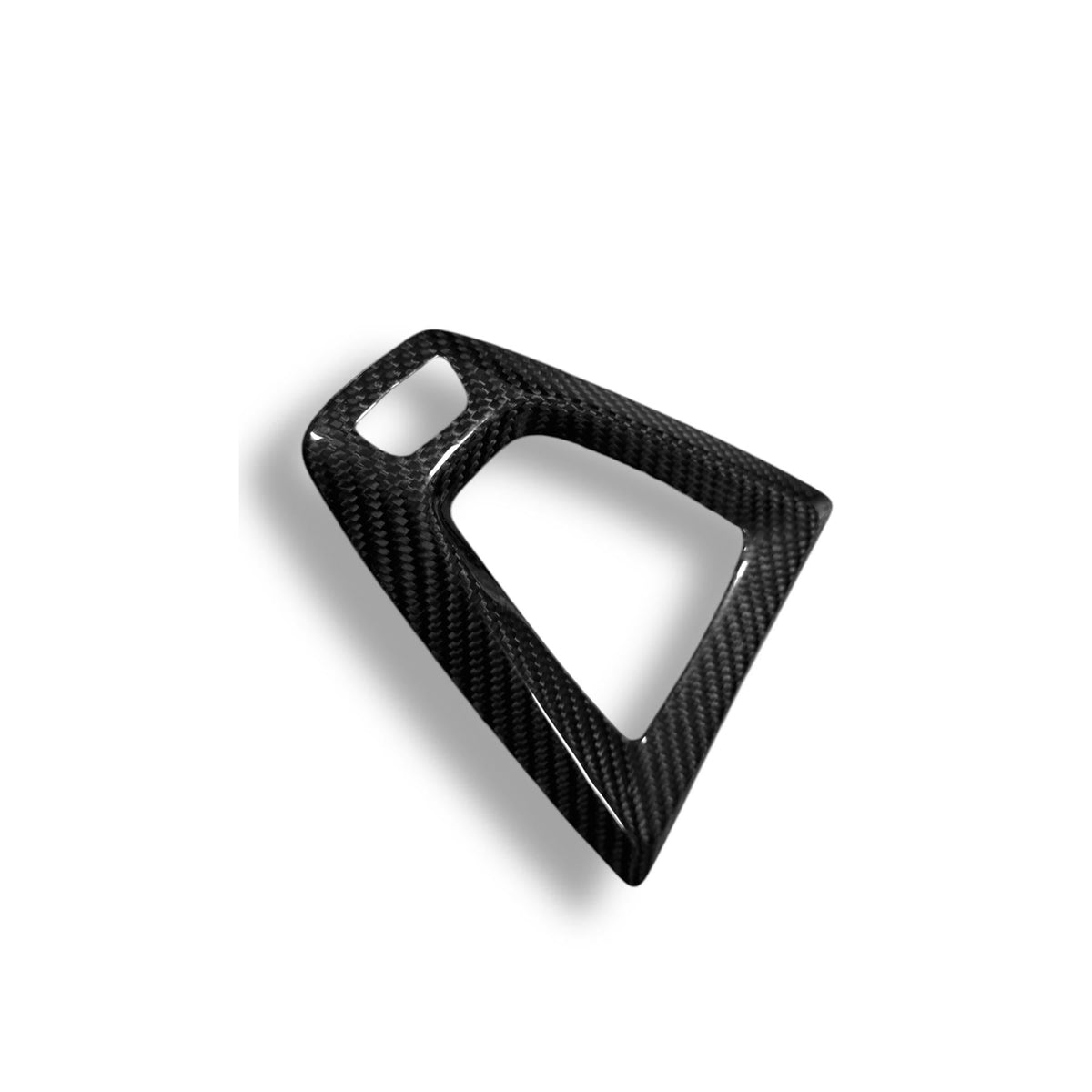 Carbon fiber gear surround trims for BMW F80 M3 and F82/F83 M4, LHD, by Palenon Performance, shown installed in vehicle interior.