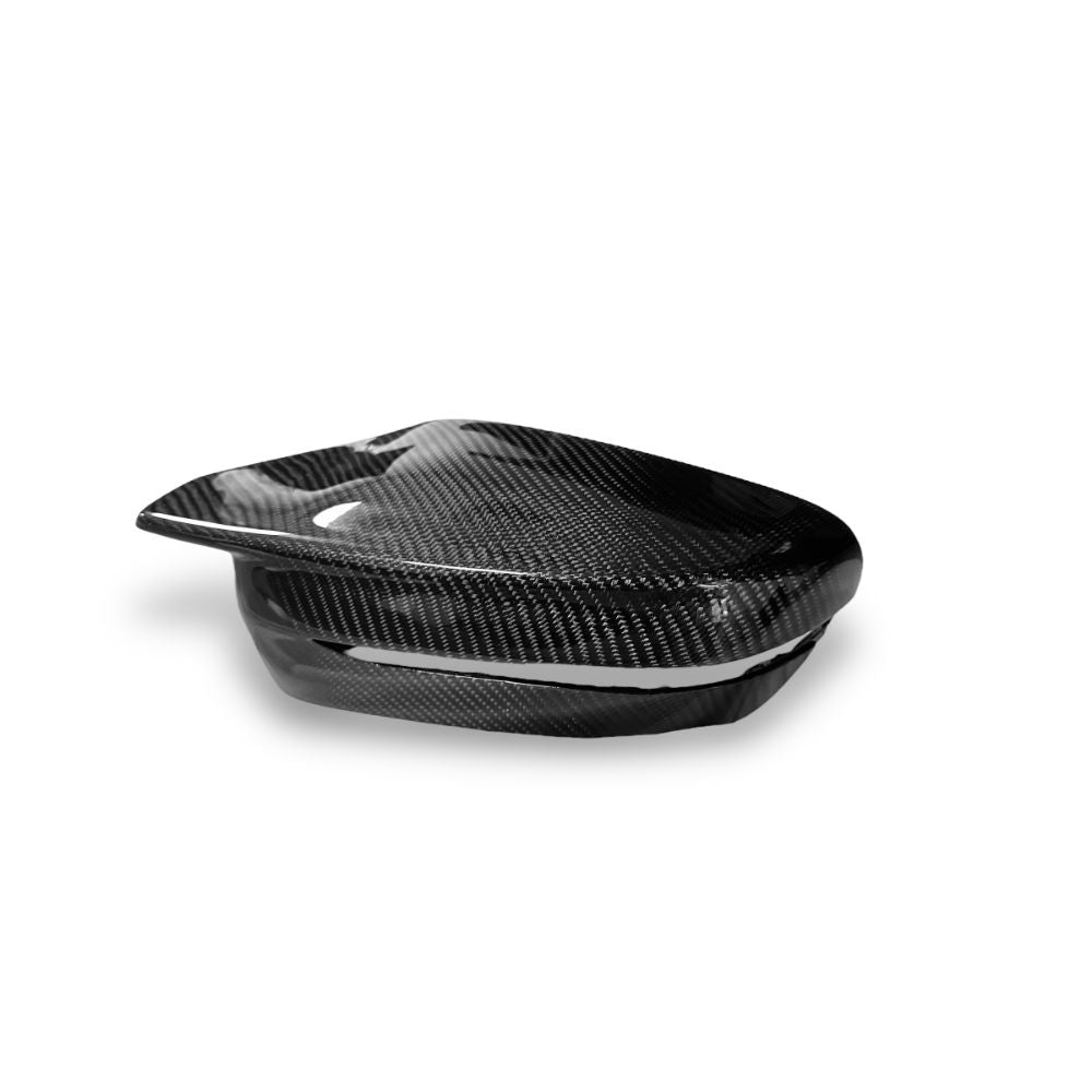 Carbon fiber mirror caps for BMW G80 M3 and G82/G83 M4, OEM style, by Palenon Performance, showing glossy black finish on mirror covers.
