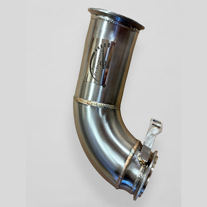 BMW F90 M5 racing downpipe by Palenon Performance, showcasing the high-performance exhaust component with polished metal finish.