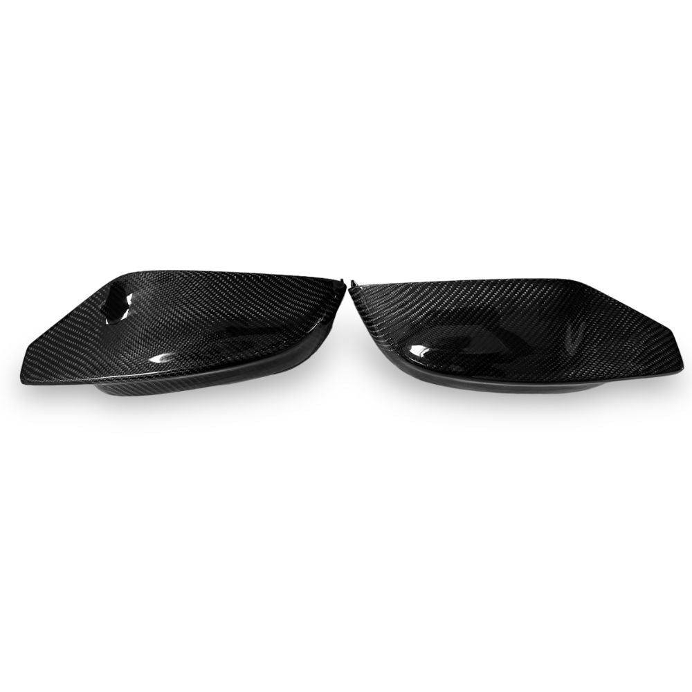 Carbon fiber mirror caps for BMW G80 M3 and G82/G83 M4, OEM style, by Palenon Performance, shown on vehicle with reflective finish.