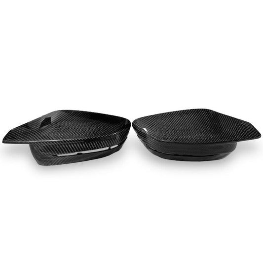 Carbon fiber mirror caps for BMW G80 M3 and G82/G83 M4, OEM style, by Palenon Performance, showing sleek, textured mirror covers.