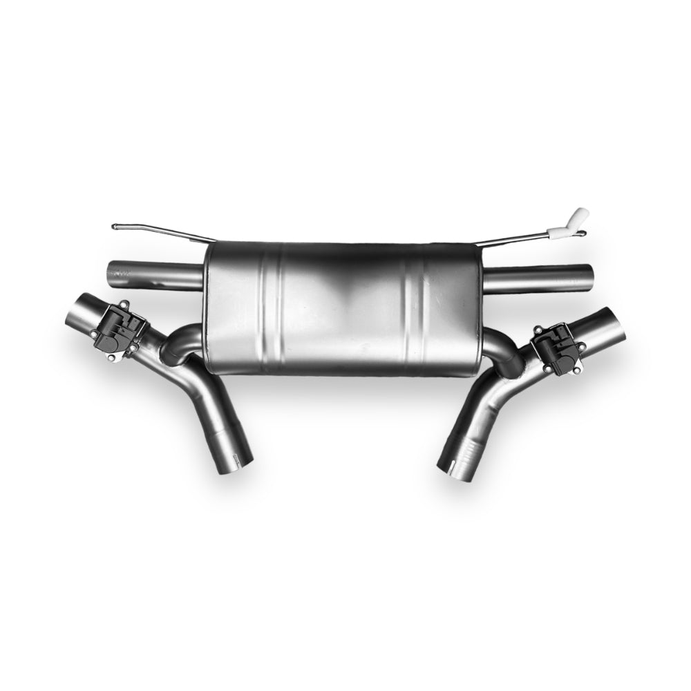 Palenon Performance B58 BMW G22 M440i and G20 M340i catback exhaust system installed, showcasing polished metal pipes and muffler.
