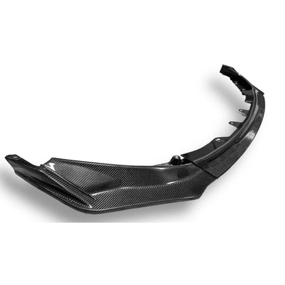 Carbon fiber V Style front lip for BMW G80 M3, G82 M4, G83 M4 by Palenon Performance, shown on vehicle front bumper.