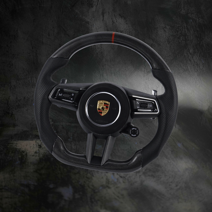 Custom Porsche 911 (992), Taycan, Macan steering wheel by Exclusive Steering, featuring premium leather and detailed craftsmanship.