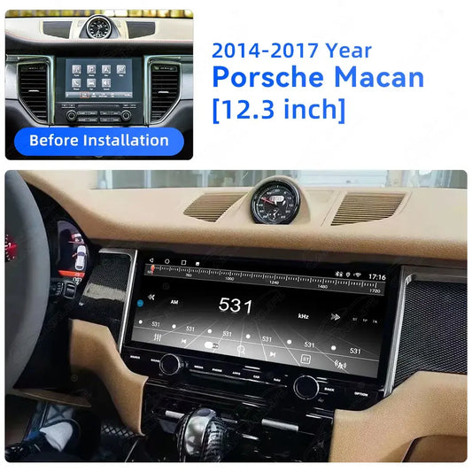 Porsche Macan 2014-2017 Android car radio by Carlinklife® showing the multimedia stereo display before and after installation.