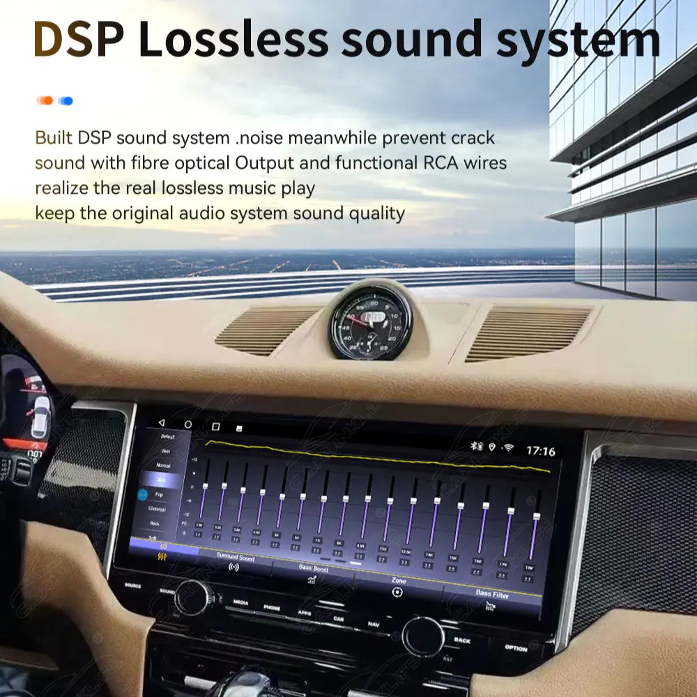 Carlinklife® 12.3-inch Android car radio with multimedia display, DSP function, for Porsche Macan 2014-2017, showing stereo interface.