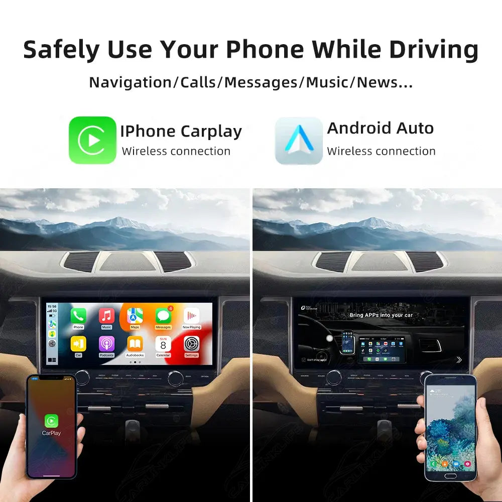 12.3-inch Carlinklife Android car radio for Porsche Macan 2014-2017 with CarPlay and multimedia features, shown installed in dashboard.