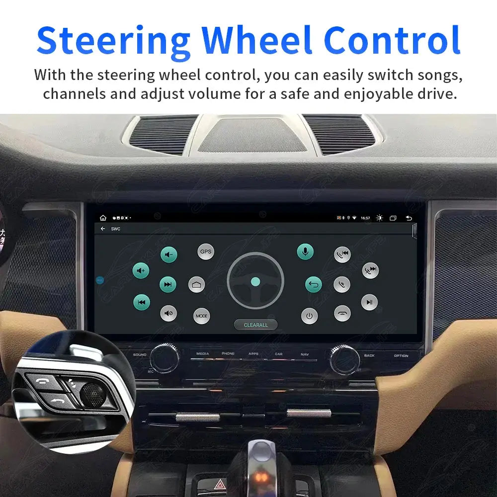 Porsche Macan 2014-2017 Android car radio by Carlinklife®, featuring steering wheel control and multimedia touchscreen display.