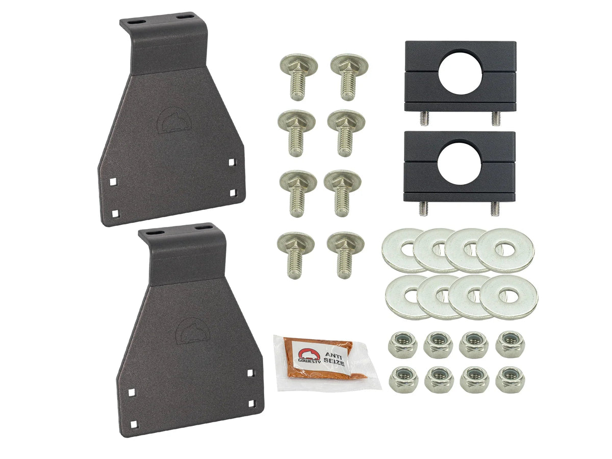 Pair of GoWesty bolt-on roof rack brackets and mounts for Vanagon Westfalia roof racks, shown with clamps and hardware.