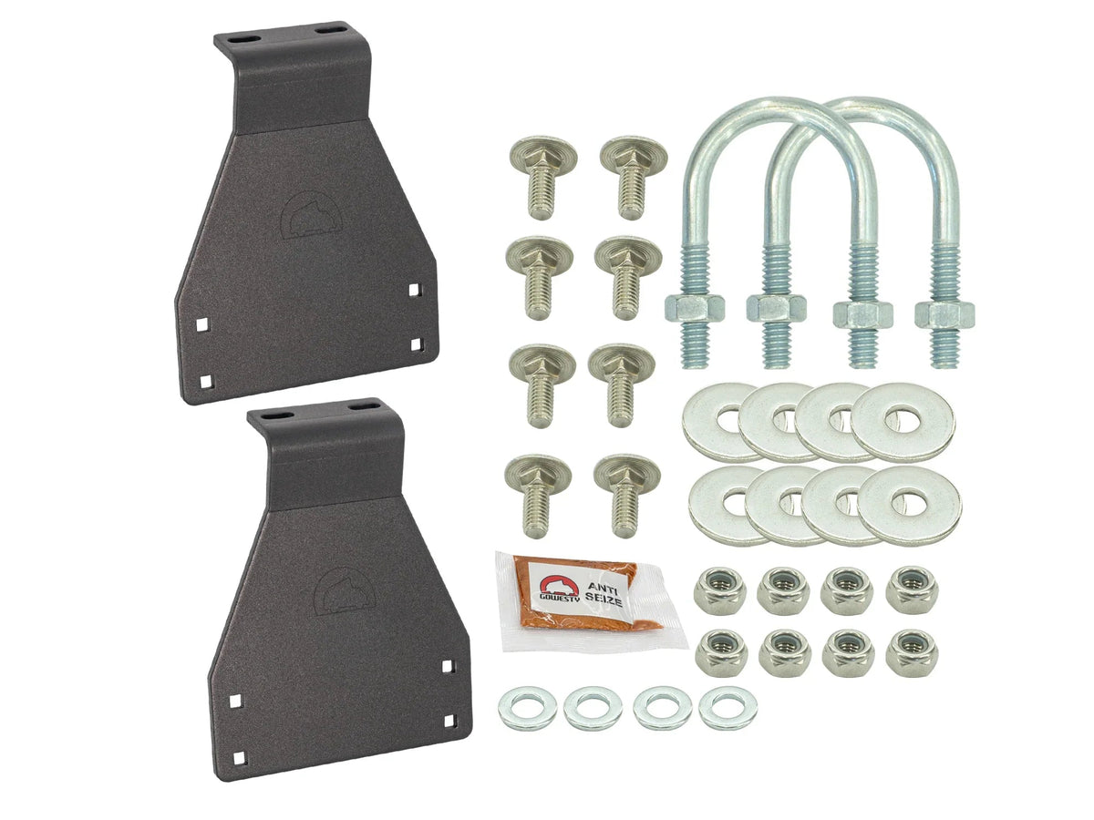 Pair of GoWesty bolt-on roof rack brackets and mounts for Vanagon Westfalia roof racks, shown in a close-up image.