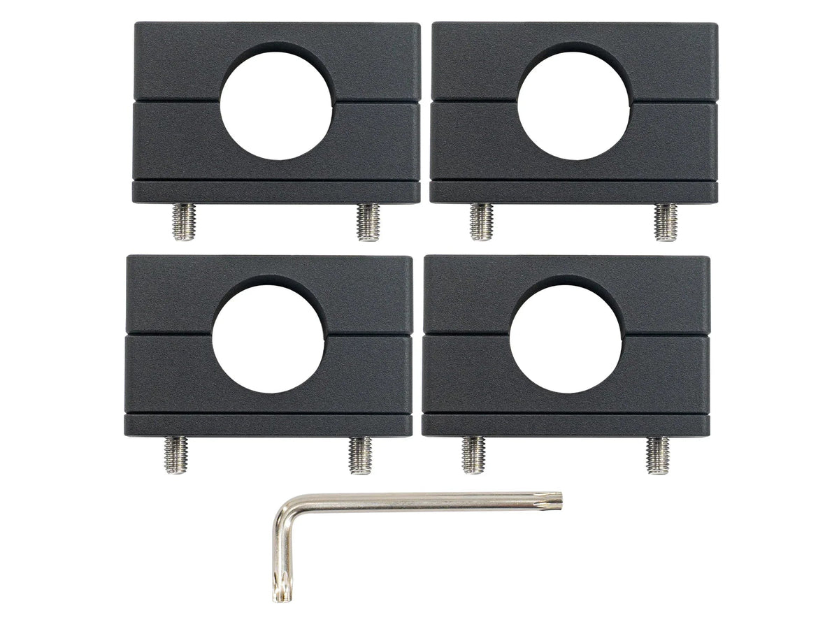 Pair of GoWesty Billet Crossbar Mounts for Vanagon Westfalia roof racks, shown in black with mounting hardware.