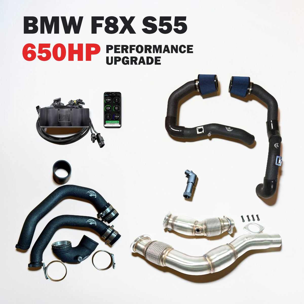 Palenon Performance 650HP upgrade package for S55 engine in BMW F87 M2, F80 M3, and F82 M4, showcasing engine components.