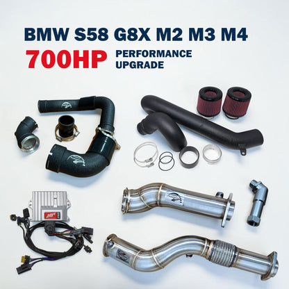 Palenon Performance 700HP upgrade package for BMW S58 G80 M3, G82 M4, G87 M2 showcasing high-performance engine components.