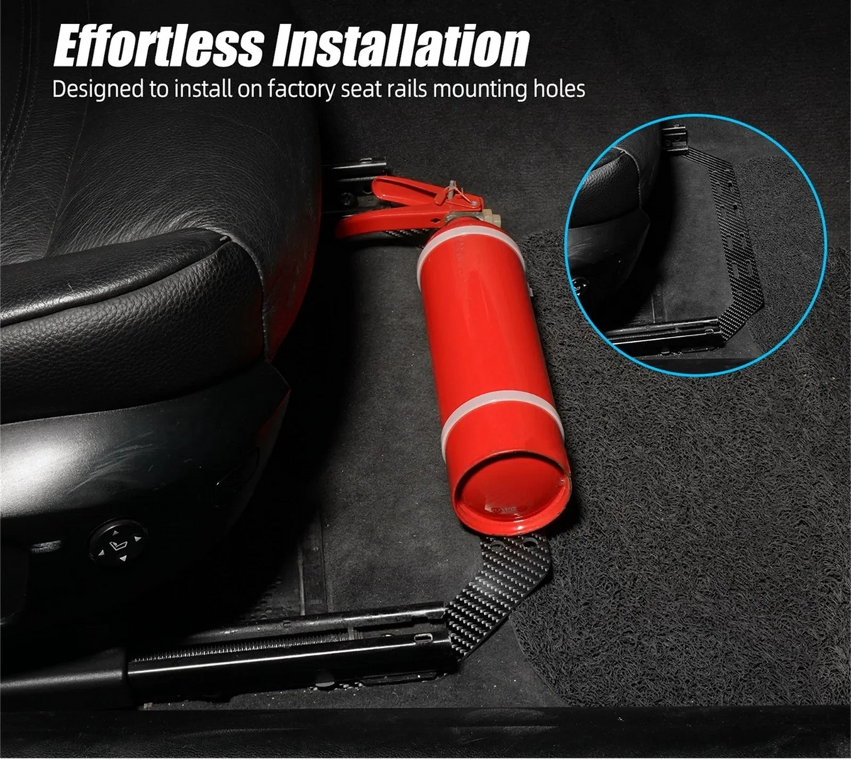 K2 Industries carbon fiber fire extinguisher seat mount bracket for BMW 3 Series E90 E91 E92 E93, 2005-2013, lightweight and durable.
