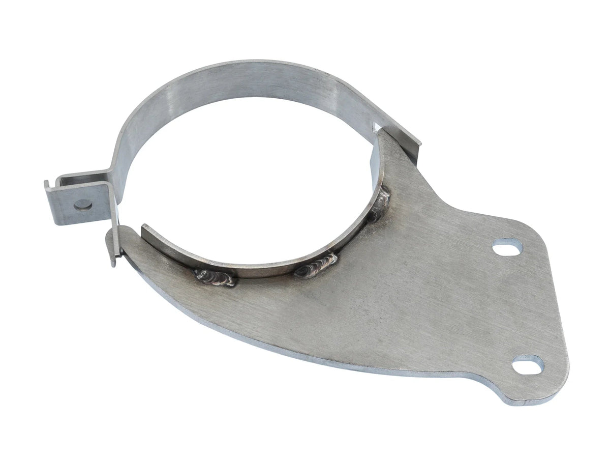 GoWesty stainless muffler and saddle bundle for Vanagon sport exhaust system, showing the sleek metal components and mounting details.