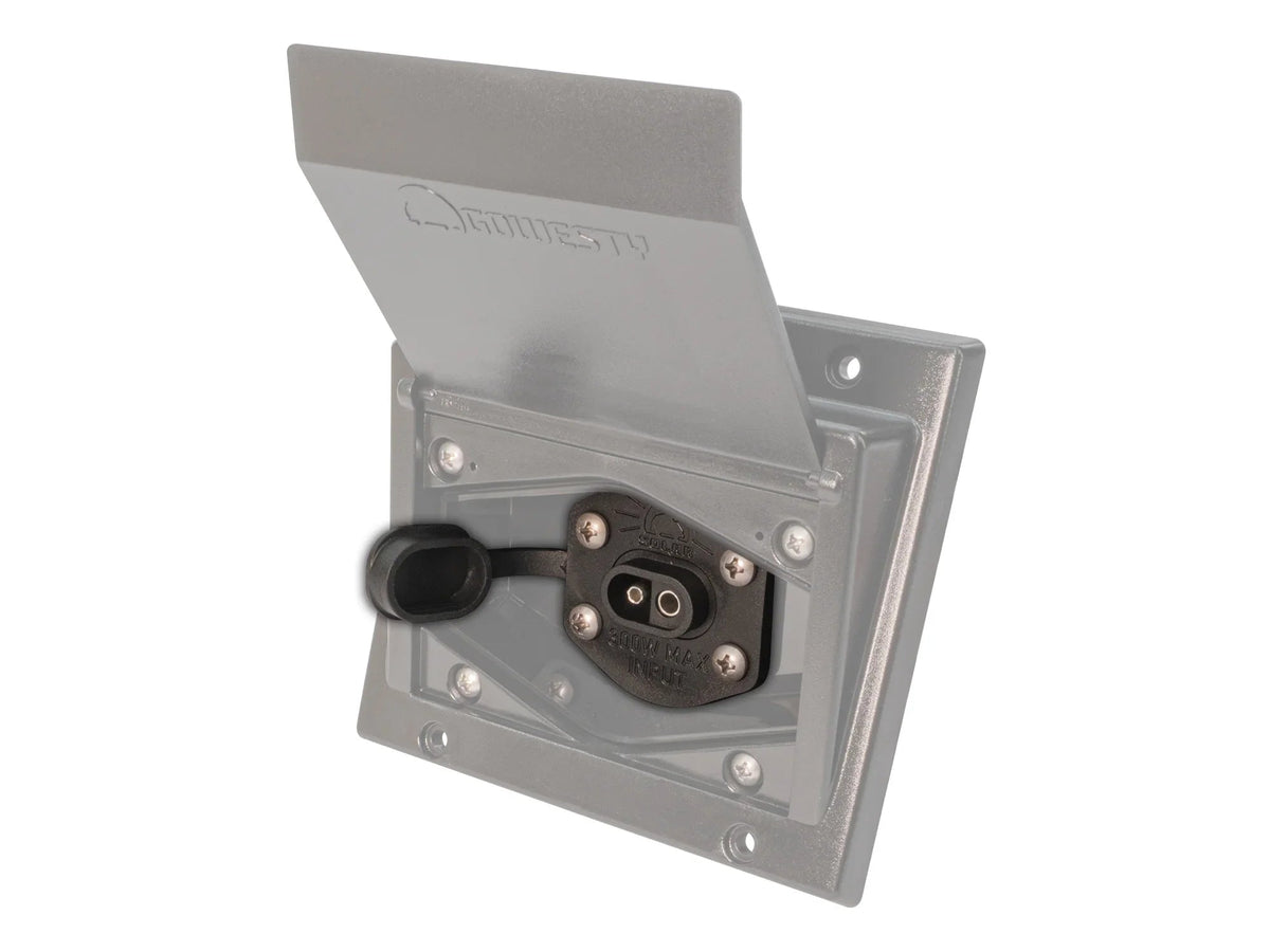 GoWesty 2-Pin SAE bulkhead connector installed in a vehicle, showcasing 12V electrical accessory connection and durable design.