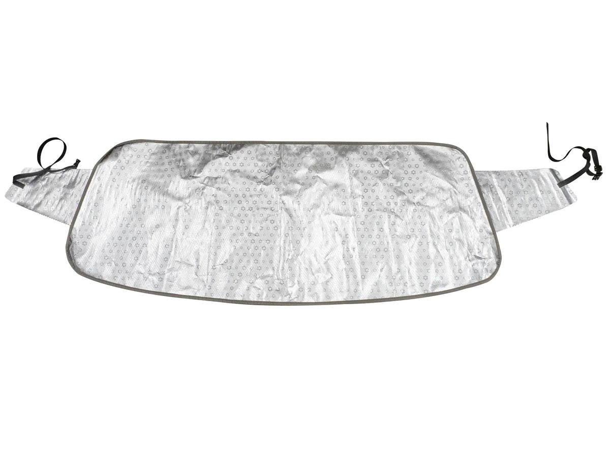 GoWesty Snow & Sun Shade window cover for bus, showing the front side installed on vehicle windows for sun and snow protection.