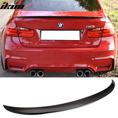 BMW F80 M3 sedan 2014-2019 factory trunk spoiler wing in carbon fiber by K2 Industries, shown with a sleek, aerodynamic design.
