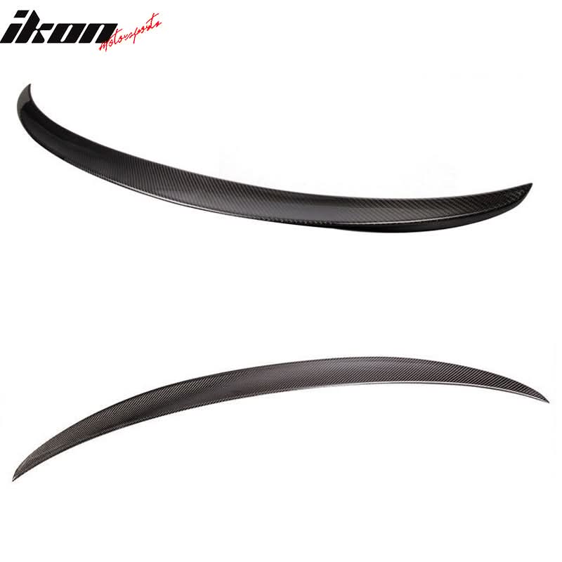 BMW F80 M3 sedan trunk spoiler wing in carbon fiber by K2 Industries, showing sleek aerodynamic design and glossy finish.