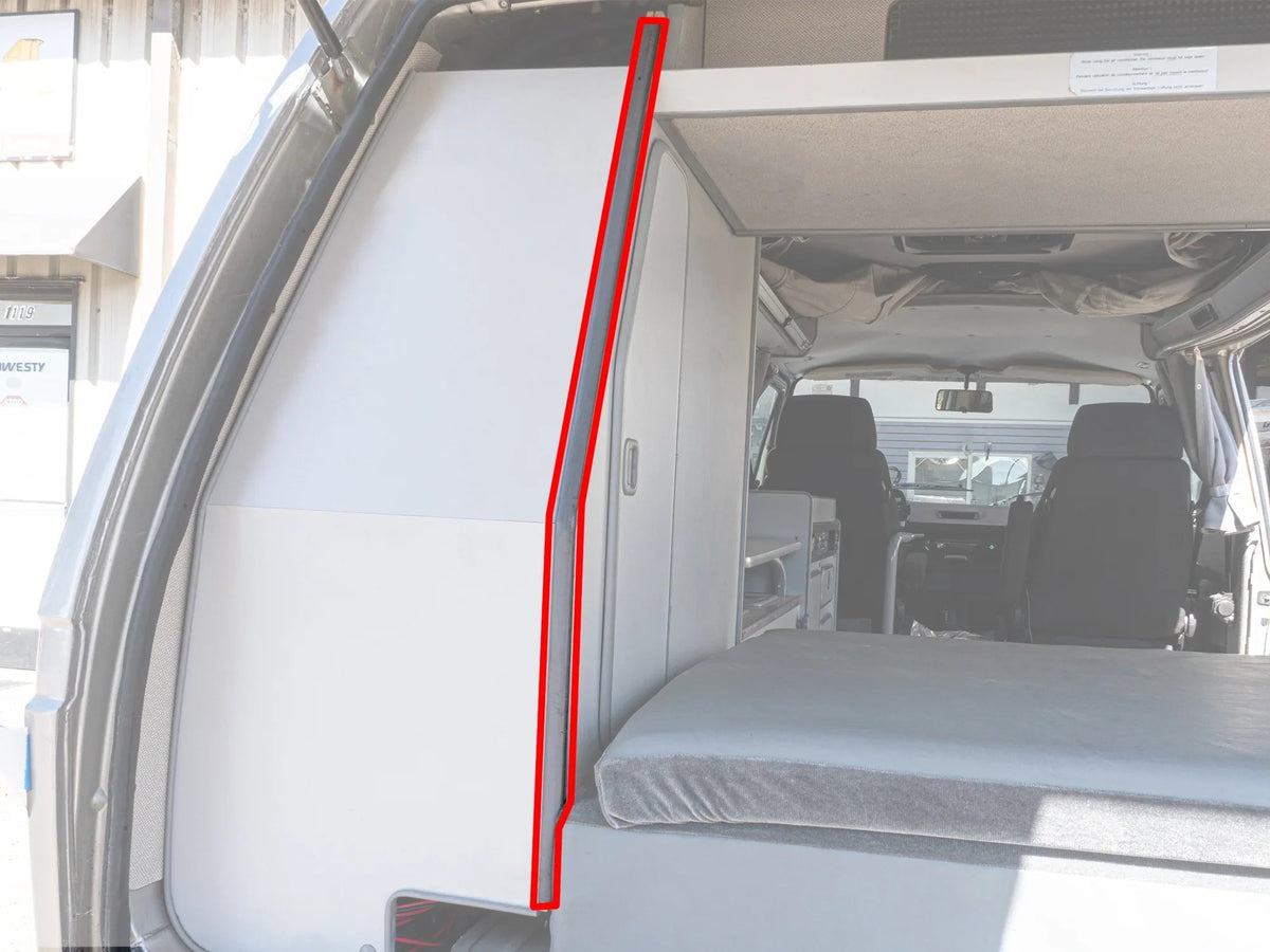 GoWesty Vanagon Westfalia cabinetry edge molding cover, 25 feet, interior molded cover for stove trim, rear view.