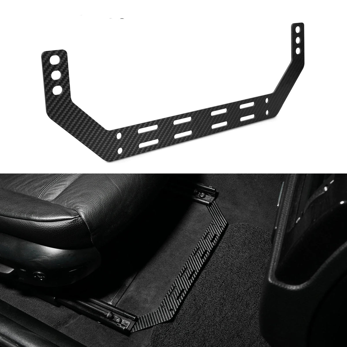 K2 Industries carbon fiber fire extinguisher seat mount bracket for BMW 3 Series E90 E91 E92 E93, 2005-2013, shown installed in vehicle interior.