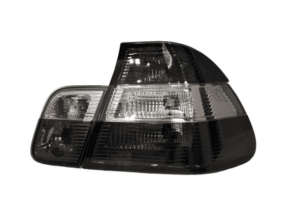 BMW 3 Series E46 sedan smoked tail lights by K2 Industries, showing a close-up of the dark-tinted rear light assembly.