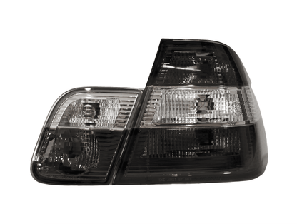 BMW 3 Series E46 sedan smoked tail lights by K2 Industries, showing close-up of dark tinted rear lighting for 1999-2001 models.