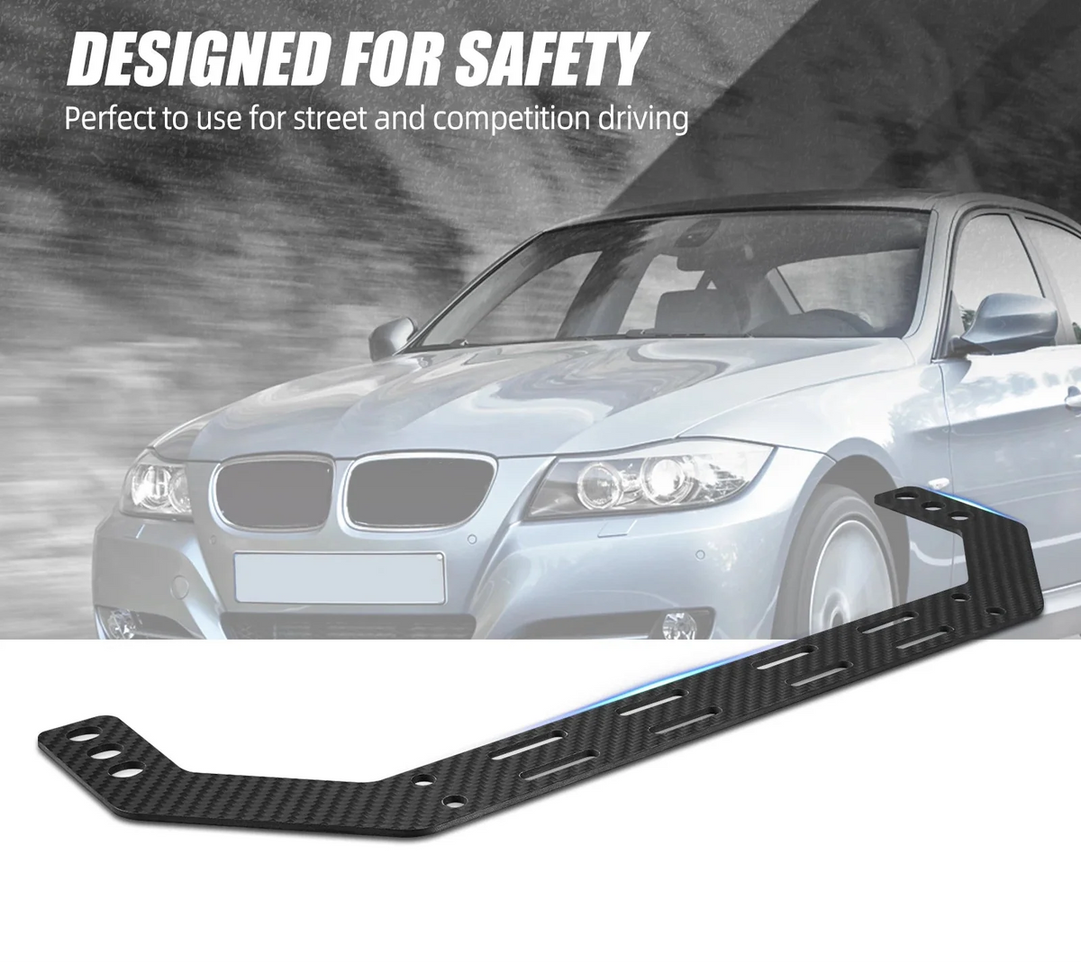 BMW 3 Series E90 E91 E92 E93 carbon fiber fire extinguisher seat mount bracket by K2 Industries, shown installed in the vehicle.