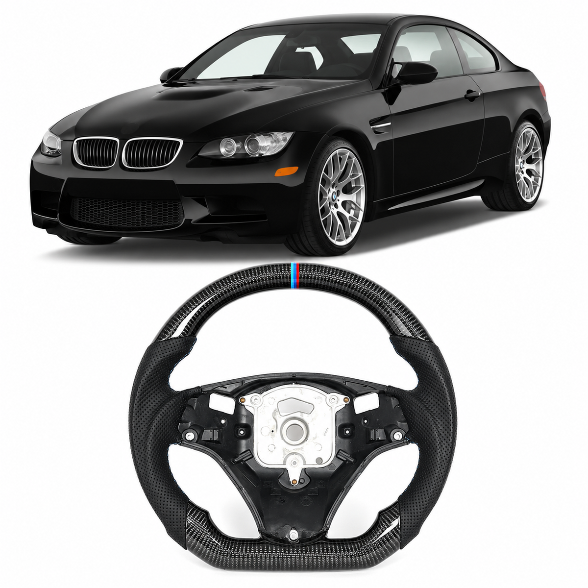 Vekto carbon fiber steering wheel for BMW E90, E92, E93 2009-2020, featuring a sleek, sporty design with textured finish.