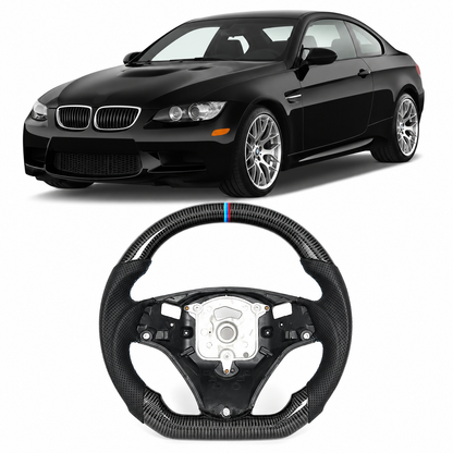 Vekto carbon fiber steering wheel for BMW E90, E92, E93 2009-2020, featuring a sleek, sporty design with textured finish.