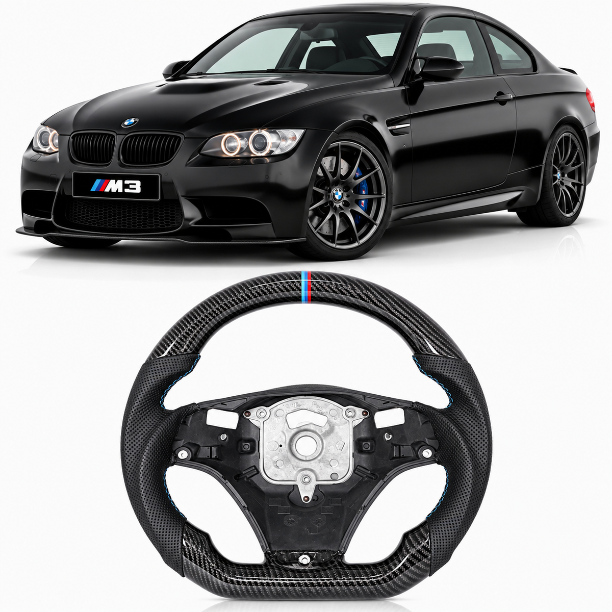 Vekto Hydro-Dip carbon steering wheel for BMW E90/E92/E93 M3, featuring a sleek black carbon finish and ergonomic design.