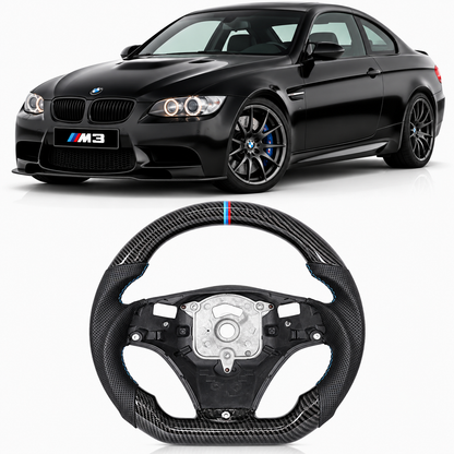 Vekto Hydro-Dip carbon steering wheel for BMW E90/E92/E93 M3, featuring a sleek black carbon finish and ergonomic design.